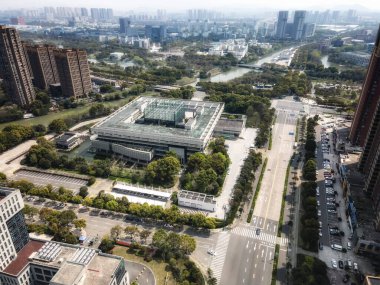 Ningbo Merkez 'deki modern ofis binalarının hava fotoğrafları. 