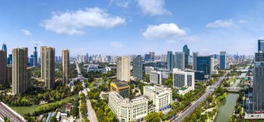Ningbo Merkez 'deki modern ofis binalarının hava fotoğrafları. 