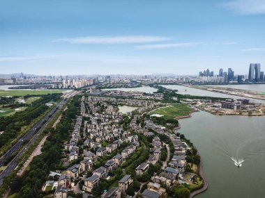 Suzhou Jinji Gölü CBD kentsel binalarının hava fotoğrafları