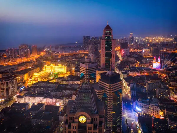 stock image Aerial photography of Qingdao coastline bay area night scene lar