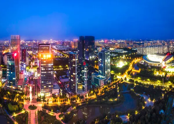 stock image Night view of modern urban architecture landscape in Zibo, China