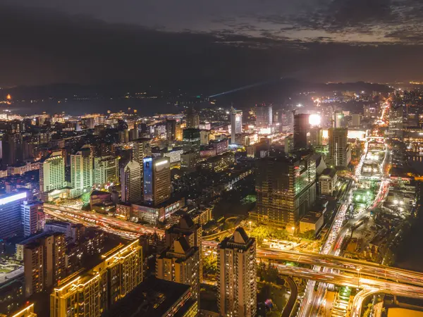 stock image Aerial photography of night view of Wulin Square in the old city