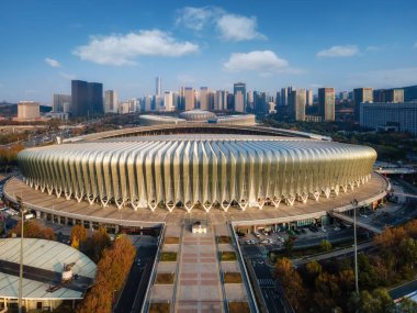 Jinan Yüksek Teknoloji Bölgesi 'ndeki modern binaların hava fotoğrafçılığı