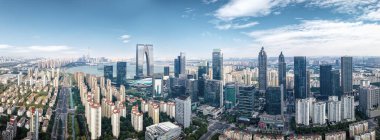 Suzhou Jinji Gölü CBD kentsel binalarının hava fotoğrafları