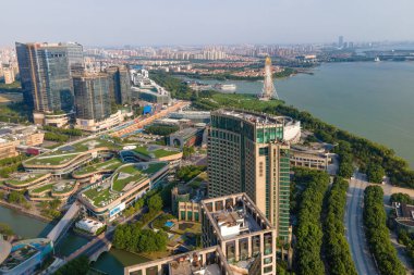 Suzhou Jinji Gölü CBD kentsel binalarının hava fotoğrafları