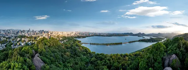 stock image Panoramic aerial photography of urban landscape of West Lake in 