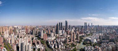 Wuxi şehrinin modern mimari manzarasının hava fotoğrafçılığı