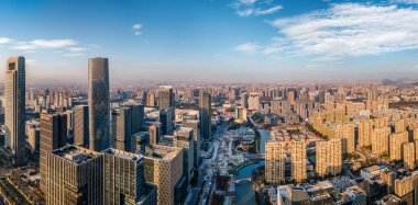 Hangzhou, Çin 'in modern kentsel manzarasının hava fotoğrafçılığı