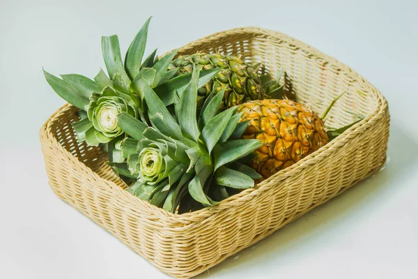 Two  ripe pineapples in basket on white background