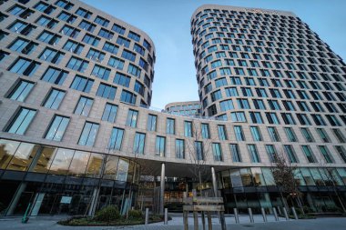 Brussels, Brabant, Belgium 01 20 2023 A low and wide-angle view on the Belgian Beobank Bank modern architecture Headoffice building