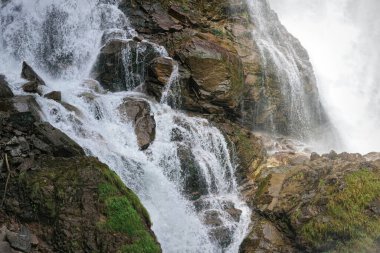 Bereketli yeşilliklerle çevrili kayalıklarda çağlayan bir şelalenin manzarası..