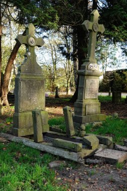 Two old, weathered gravestones with ornate crosses in a cemetery, surrounded by trees and grass. One gravestone is partially collapsed, showing signs of age and neglect. clipart