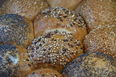 Üzerine susam, haşhaş ve karışık tahıllar da dahil olmak üzere çeşitli tohumlar serpiştirilmiş taze fırın rulolarından oluşan genel bir çekim..