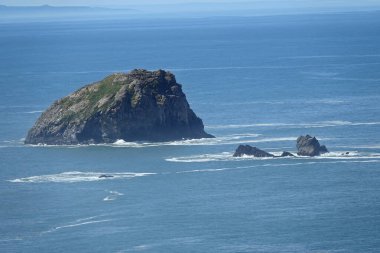 Bu sahne, uçsuz bucaksız, bitkilerle kaplı bir adayı gözler önüne seriyor. Yakınlarda daha küçük kaya oluşumları görülebilir. Dalgalar yavaşça çarpar.