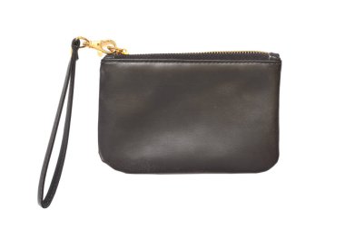 Beyaz arka planda izole edilmiş fermuarlı siyah para çantası..