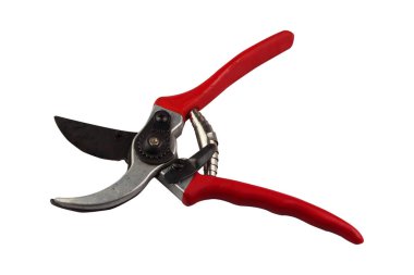 Bahçe işleri için kırmızı budama makası beyaz arka planda izole edilmiş. Pruning and Cutting için bir araç. Makası kapat.