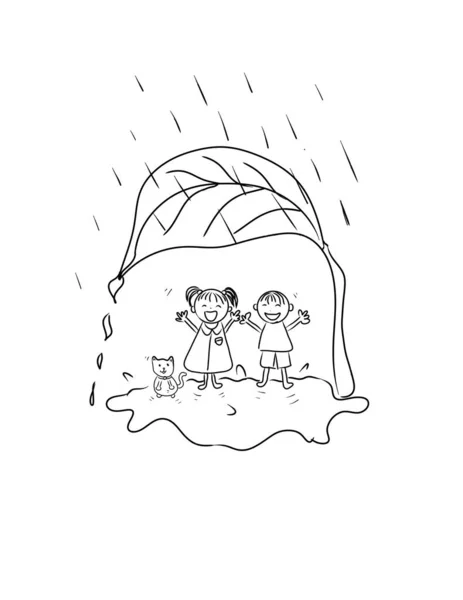 Two kids and small cute pet playing in raining with happiness. Childhood moment. Illustration for environment, poster, education, advertising, weather and your designs.