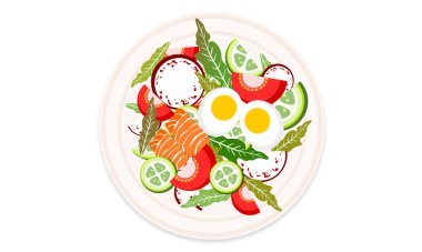 Somon salatası. Taze sebze, haşlanmış yumurta, yeşil salata, domates, salatalık, pancar. Sağlıklı beslenme menüsü. Vektör çizimi. Üst görünüm tasarımı. Sağlıklı yemek..