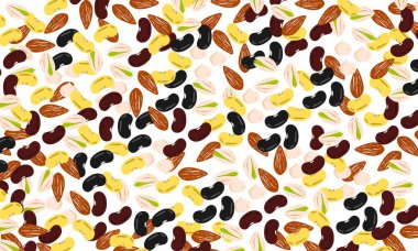 Sağlıklı karışık fındık geçmişi. Vektör çizimi. Siyah fasulye, kırmızı fasulye, badem, fıstık, macadamia, sarı fasulye. Sağlıklı protein besin. Sağlıklı yemek..