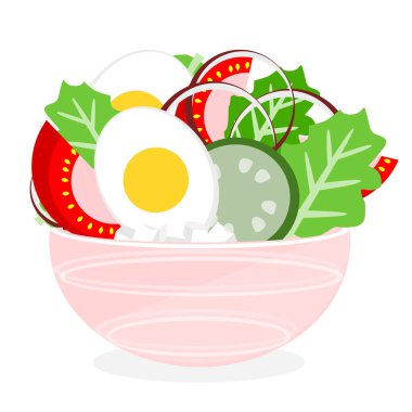 Pembe kasede yeşil salata. Salata vektörü. İş için beyazda izole edilmiş sağlıklı yiyecekler. Restoran logo şablonu.