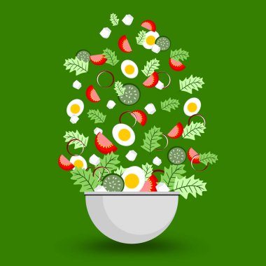 Yunan salatası ve uçma malzemesi. Yeşil arka planda salata vektörü. İş için izole edilmiş sağlıklı yiyecekler. Restoran logo şablonu.
