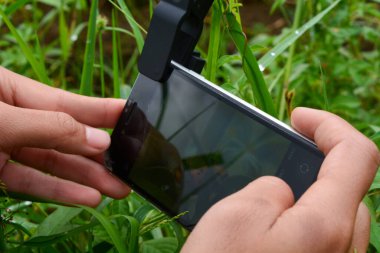 Kadın bir fotoğrafçı makro lens ve akıllı telefon kullanarak küçük bir nesne alıyor.