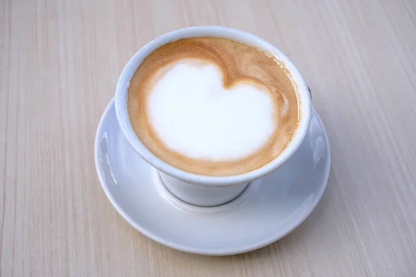 Cappuccino Coffee White Cup Beautiful Heart Shape Latte Art Wood — Stok Foto