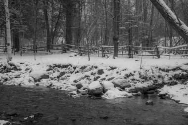 Kasım ayının ilk karından sonra Kanada ormanındaki nehir. Quebec Eyaleti