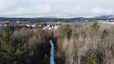 Karla kaplı ağaçlar ve evlerle kış manzarası, Boise, Idaho, ABD