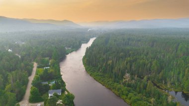 Quebec eyaletindeki güzel bir Kanada orman nehrinin hava manzarası.