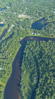 Quebec eyaletindeki güzel bir Kanada orman nehrinin hava manzarası.