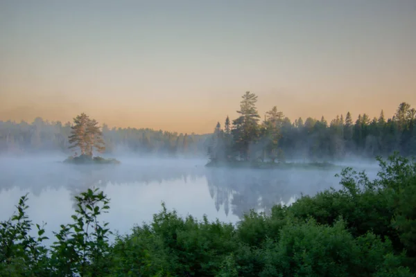 Vacker Vild Sjö Morgonen Dimma Provinsen Quebec Kanada Stockbild