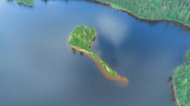 Kanada kırsalının vahşi bir göl üzerindeki hava manzarası