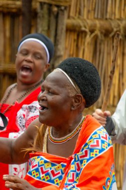 Manzini, Eswatini, 11 14 2023. Eswatini Güney Afrika 'daki bir Swazi köyünde geleneksel bir kostüm giymiş yaşlı bir kadın.