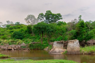 Güney Afrika 'da savandan akan küçük kuru bir nehir.