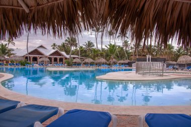 Karayip denizinde havuz, palmiye ağaçları.