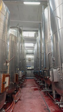 Emilia Romagna bölgesinde bir İtalyan üzüm bağında şarap üretimi tankı