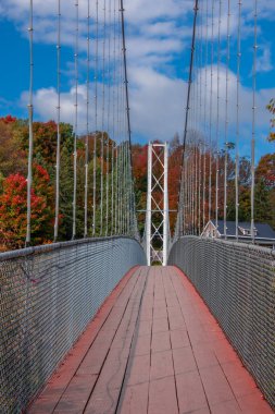 Kanada kırsalında sonbaharda küçük bir nehrin üzerinde köprü