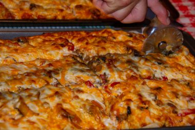 Fırında etli ve sebzeli pizza.