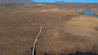 Yukarıdan çekilen bir hava manzarası içinden akan dolambaçlı bir nehri gösteren manzaralı bir manzara.