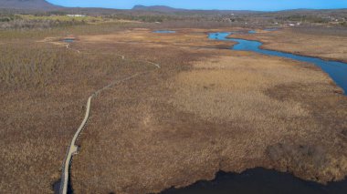 Yukarıdan çekilen bir hava manzarası içinden akan dolambaçlı bir nehri gösteren manzaralı bir manzara.