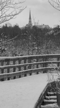 Quebec 'teki Kanada kırsalında arka planda bir kilise olan bir bataklık manzarası.