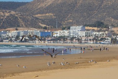 27 Ekim 2024 'te. Agadir Fas. Fas 'ın batısındaki Agadir' in muhteşem plajının manzarası.