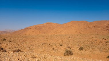 Ön planda kum ve kayalar olan çöl manzarası. 