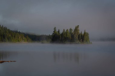 Alacakaranlık, sisli nehir ve ağaçlarla kaplı ada.