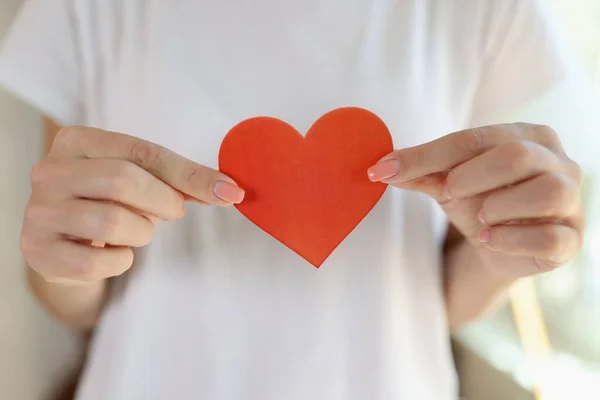 Close Female Hands Holding Cute Red Paper Hearts Love Happy — Stock Photo, Image