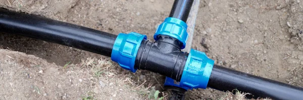 Installed Pvc Water Pipes Assembled Laid Trench Construction Site Plastic — ストック写真