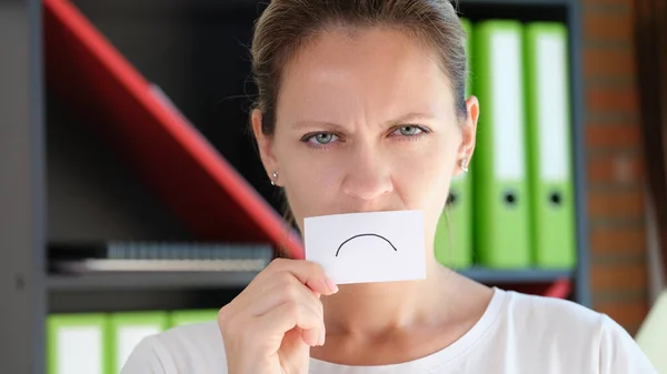 Portrait Woman Covering Face Paper Sad Emoticon Symbol Upset Face — Stock Photo, Image