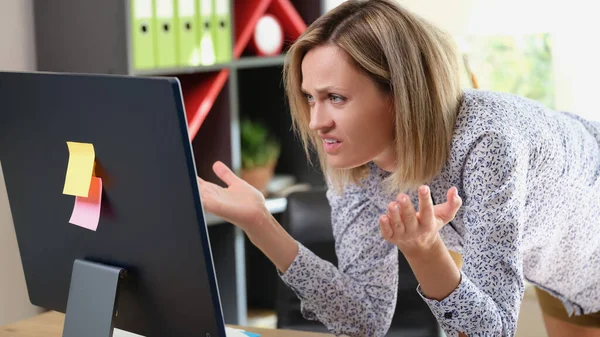 Portrait Upset Woman Looking Laptop Screen Angry Expression Workload File — Stock Photo, Image
