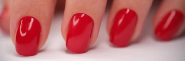 Beautiful Trendy Bright Nails Red Polish Red Manicure Concept — Stock Photo, Image